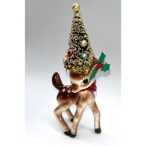 Vintage Kitschy Christmas Deer Big Eye Reindeer Rudolph Brush Tree Head OOAK